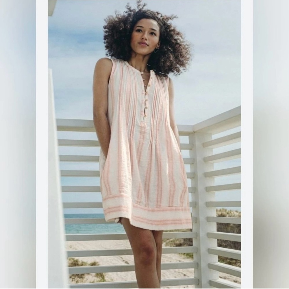 Faherty Isha Dress Organic Cotton Sleeveless Pintuck Mini White Peach